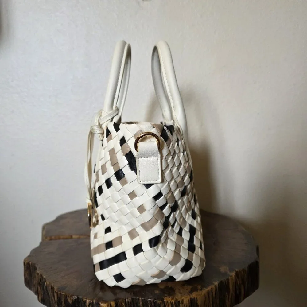 Satchel Tote Cream Black Neutral Top Handle Bag - Picture 11 of 16